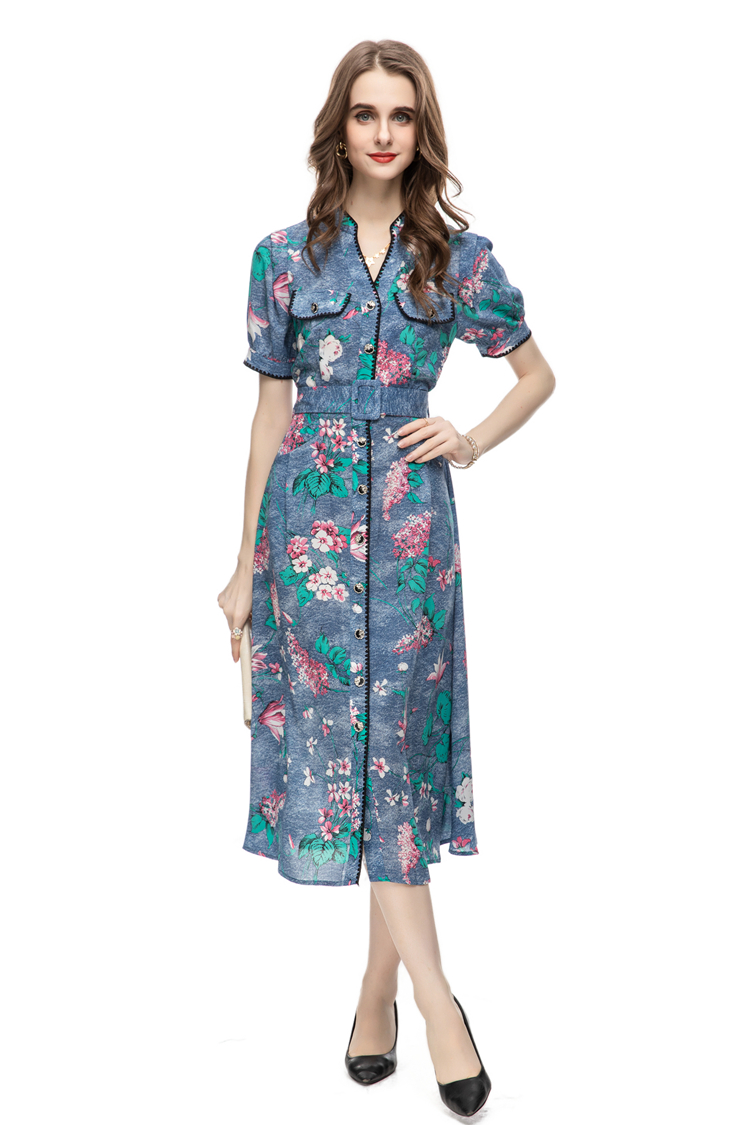 Robes de piste pour femmes Col en V Manches courtes Imprimé High Street Fashion Floral Mid Pencil Vestidos