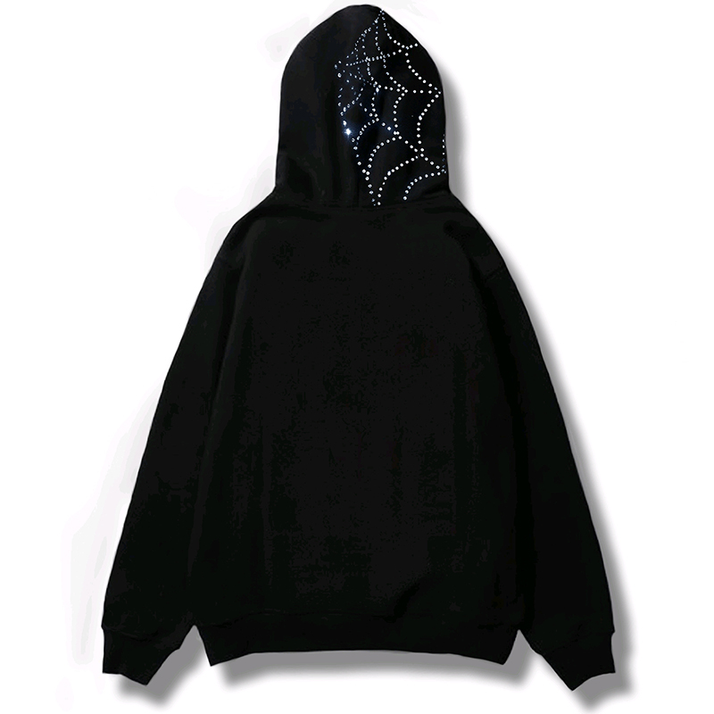 Spindelnät rhinestone hoodie sweatshirt blixtlås varm hajuku hip hop tröja y2k kläder män hoodie