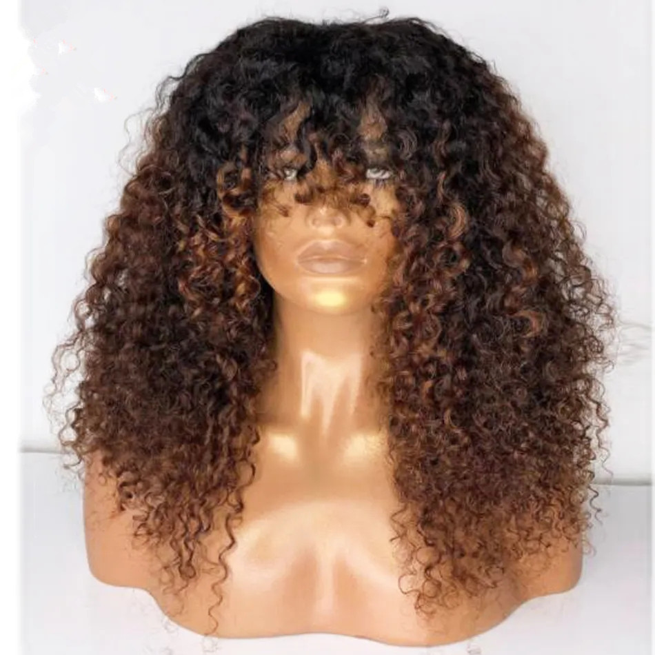 Ombre Brown Blonde Aightly Machine kinky curly curly machine طبيعية 16 بوصة مع بانج ساخن ارتداء رخيصة و GO GLUELLE