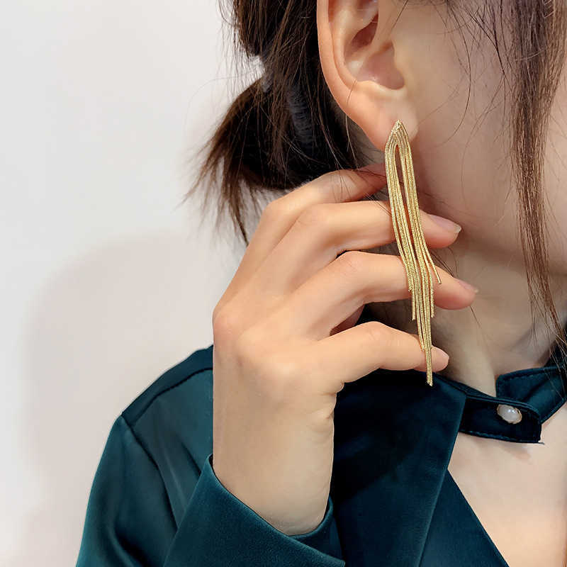 Stud Vintage Gold Color Bar Long Thread Tassel Drop Earrings For Women Glossy Geometric Korean Earring New Fashion Wedding Jewelry J230717