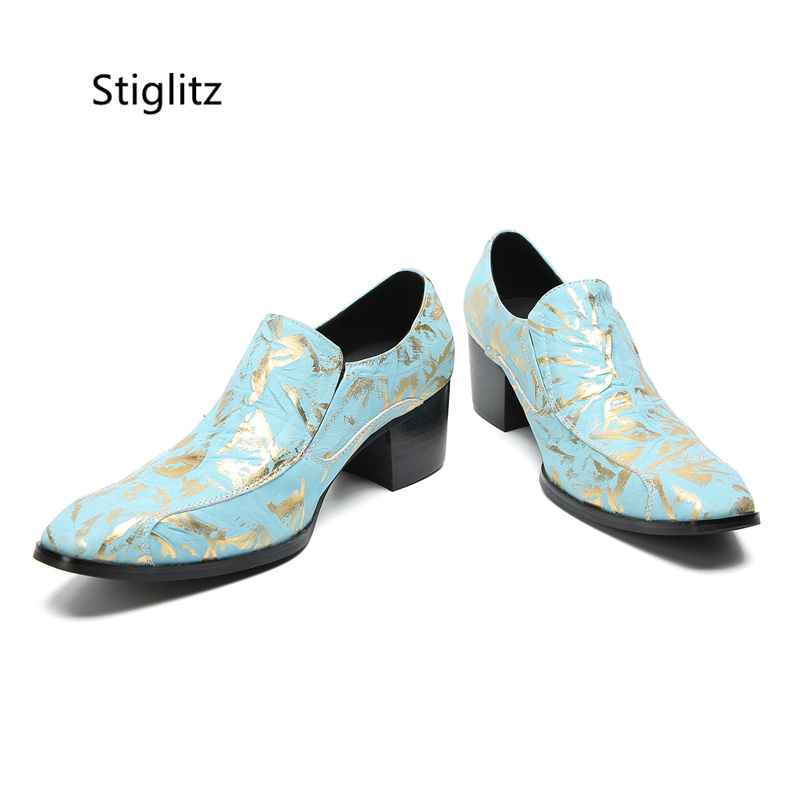 Zapatos de cuero genuino con estampado azul para hombre, zapatos de tacón alto sin cordones, vestido de negocios informal, zapatos sociales para hombre, zapatos de hombre de colores mezclados