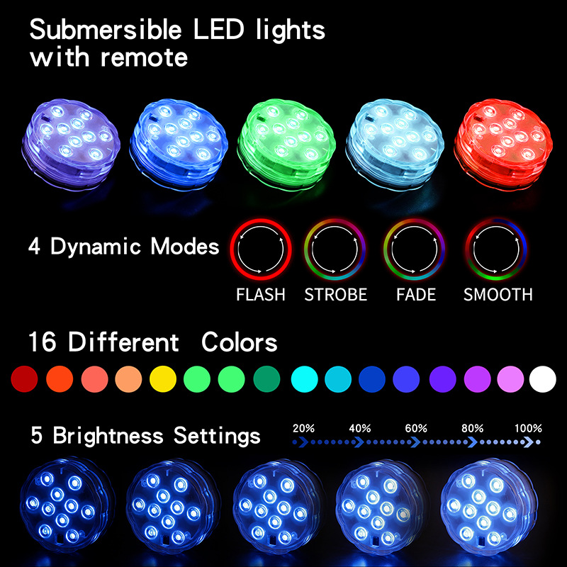 IP68 Wodoodporne zanurzalne światła LED Zbudowane w 10 koralikach LED z 24 klawiszami Pilot Control 16 Kolor Zmiana podwodnej lampy nocnej Light Light Wazon Wedding