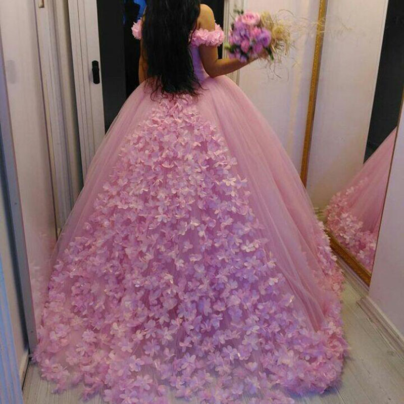Розовое мячное платье Quinceanera платья с плеча 3d цветы Pufpy Sweet 15 16 Платье знаменитостей.