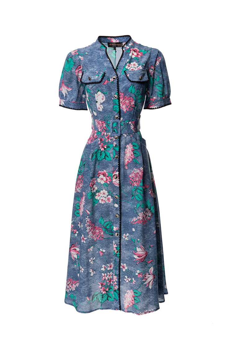 Robes de piste pour femmes Col en V Manches courtes Imprimé High Street Fashion Floral Mid Pencil Vestidos