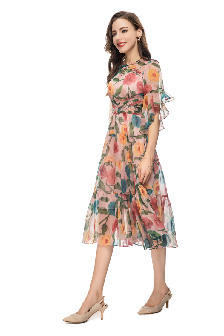 Women's Runway Dresses O Neck Half Sleeves Appliques Printed Floral High Street Fashion Designer Vestidos