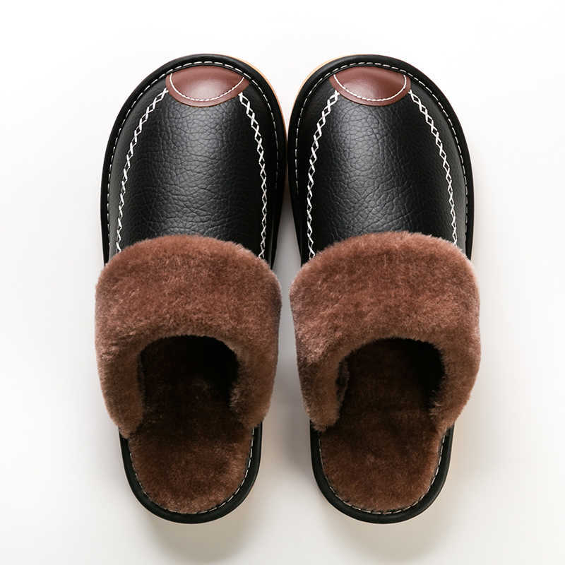 Mannen Winter Lederen Slippers Slaapkamer Katoenen Slippers Mannelijke Waterdichte Dikke Plus Fluwelen Indoor Warm Huis Thuis Slippers Schoenen L230704