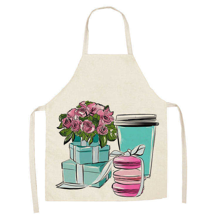 Linen New Hand Painted Flower Perfume Bottles Print Kitchen Aprons Unisex Dinner Party Cooking Bib Funny Pinafore Apron WQTF13 L230620