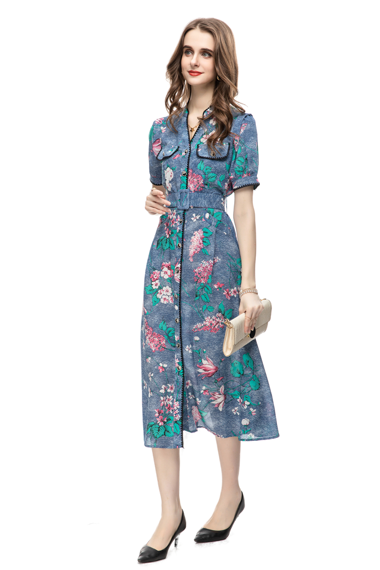 Robes de piste pour femmes Col en V Manches courtes Imprimé High Street Fashion Floral Mid Pencil Vestidos