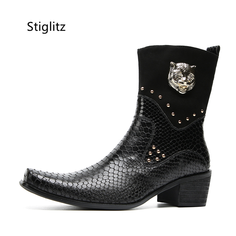 Rivet Black Snakeskin Chelsea Ankle Boots for Men Genuine Leather Men's Shoes High-Top Western Work Safety Boots Autumn Footwear