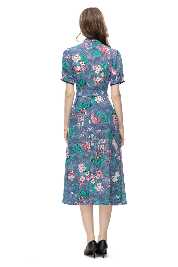 Robes de piste pour femmes Col en V Manches courtes Imprimé High Street Fashion Floral Mid Pencil Vestidos