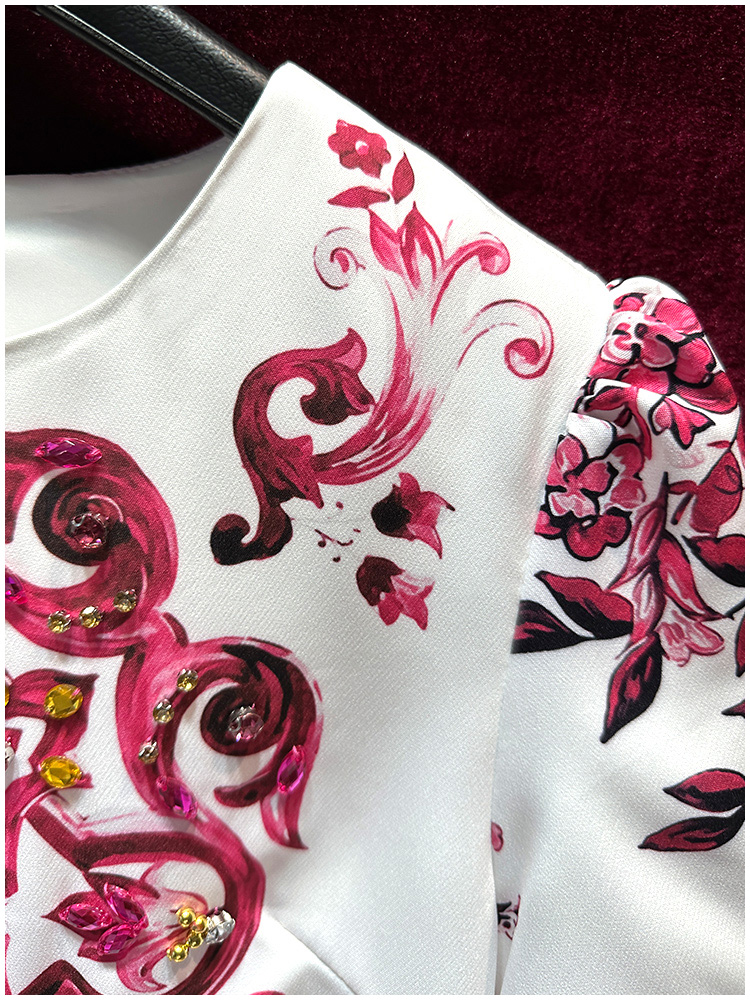 2023 été blanc rouge fleur Paisley imprimé robe à manches courtes col rond genou longueur robes décontractées A3Q122240
