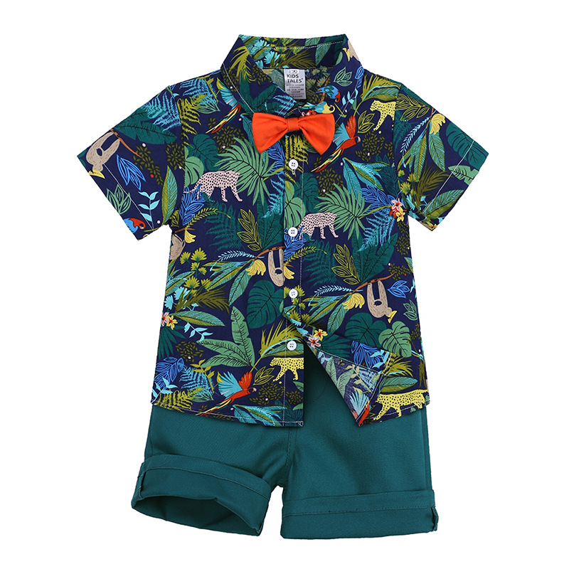 Conjunto de roupas de verão para meninos e crianças, camisa floral, tops, shorts, 2 peças, conjuntos de roupas de praia para crianças e meninos