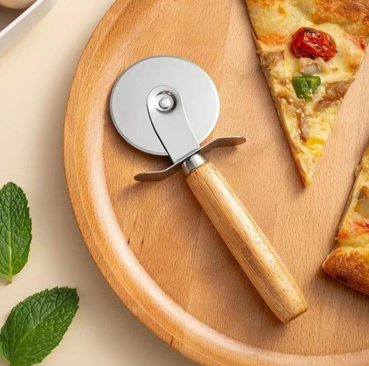 Couteau à Pizza rond en acier inoxydable manche en bois coupe-Pizza poignée pâtes rotatif pâtisserie outil de cuisine SN4418