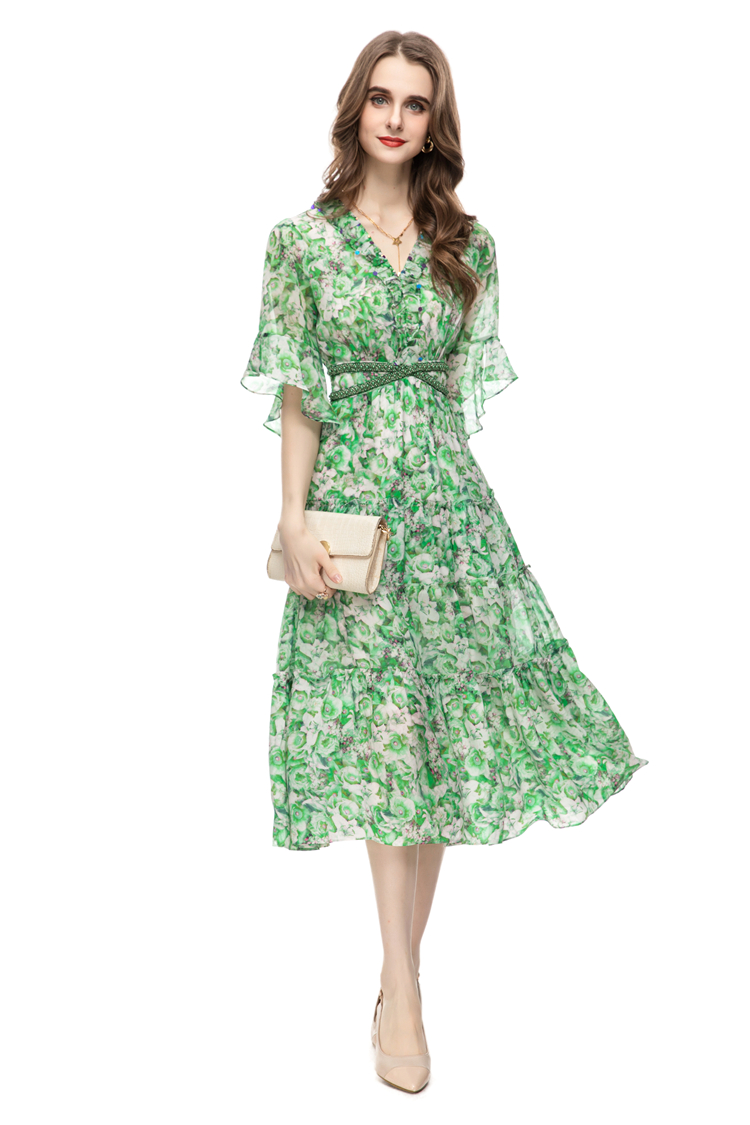 Women's Runway Dresses V Neck Half Sleeves Printed Sequined Beaded High Street Fashion Floral Mid A Line Vestidos