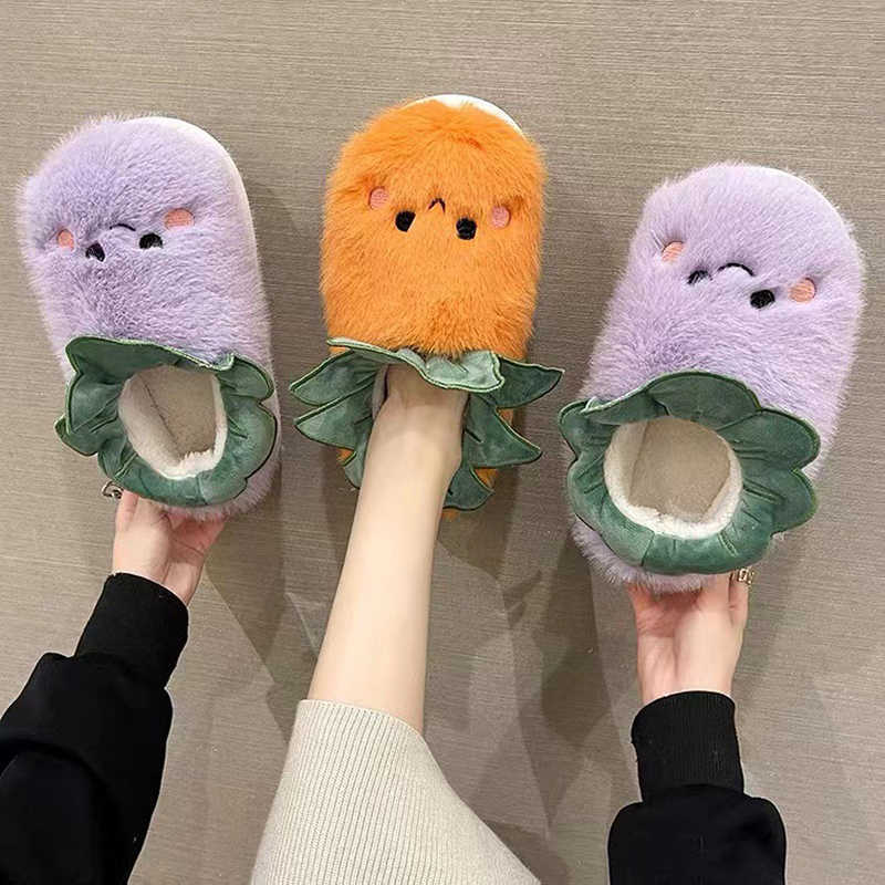 Leuke Aubergine Tomaat Pluizige Bont Slippers Vrouwen Winter Warm Gesloten Pluche Thuis Slippers Kawaii Platte Dikke Platform Slides Schoenen L230704