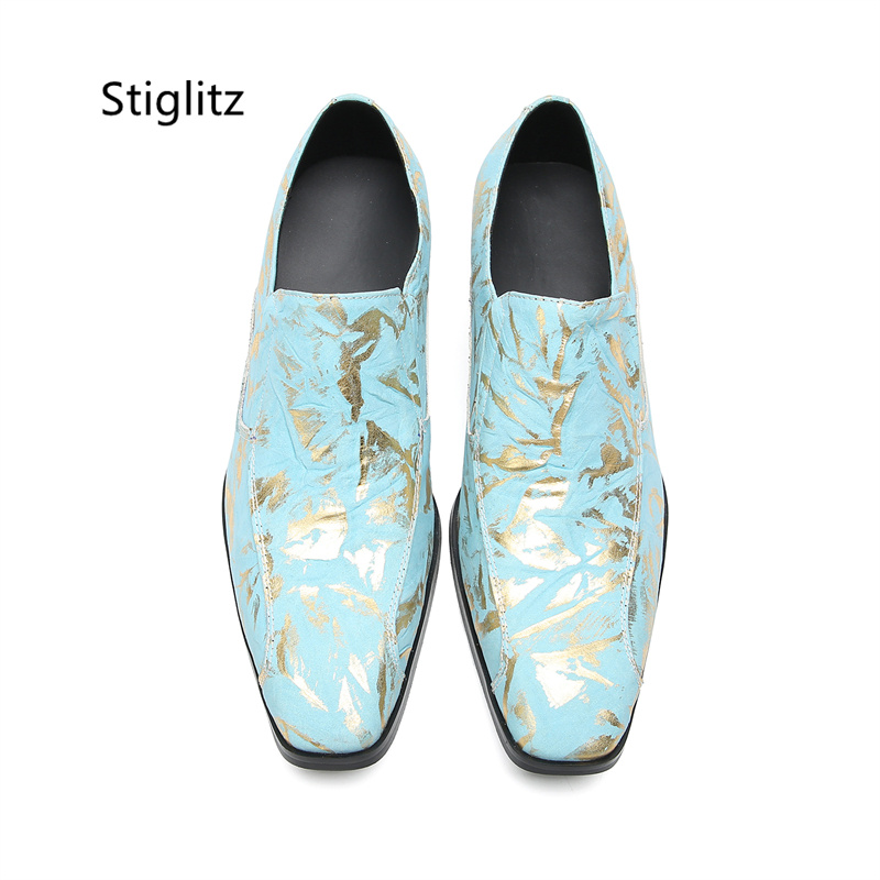 Zapatos de cuero genuino con estampado azul para hombre, zapatos de tacón alto sin cordones, vestido de negocios informal, zapatos sociales para hombre, zapatos de hombre de colores mezclados