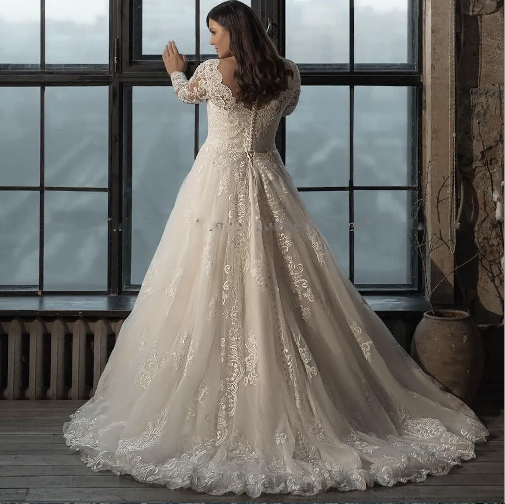 Plus Size Wedding Dresses A Line 2023 Elegant Lace Appliques Long Sleeves Bridal Gowns V Neck Tulle Vestido De Noiva