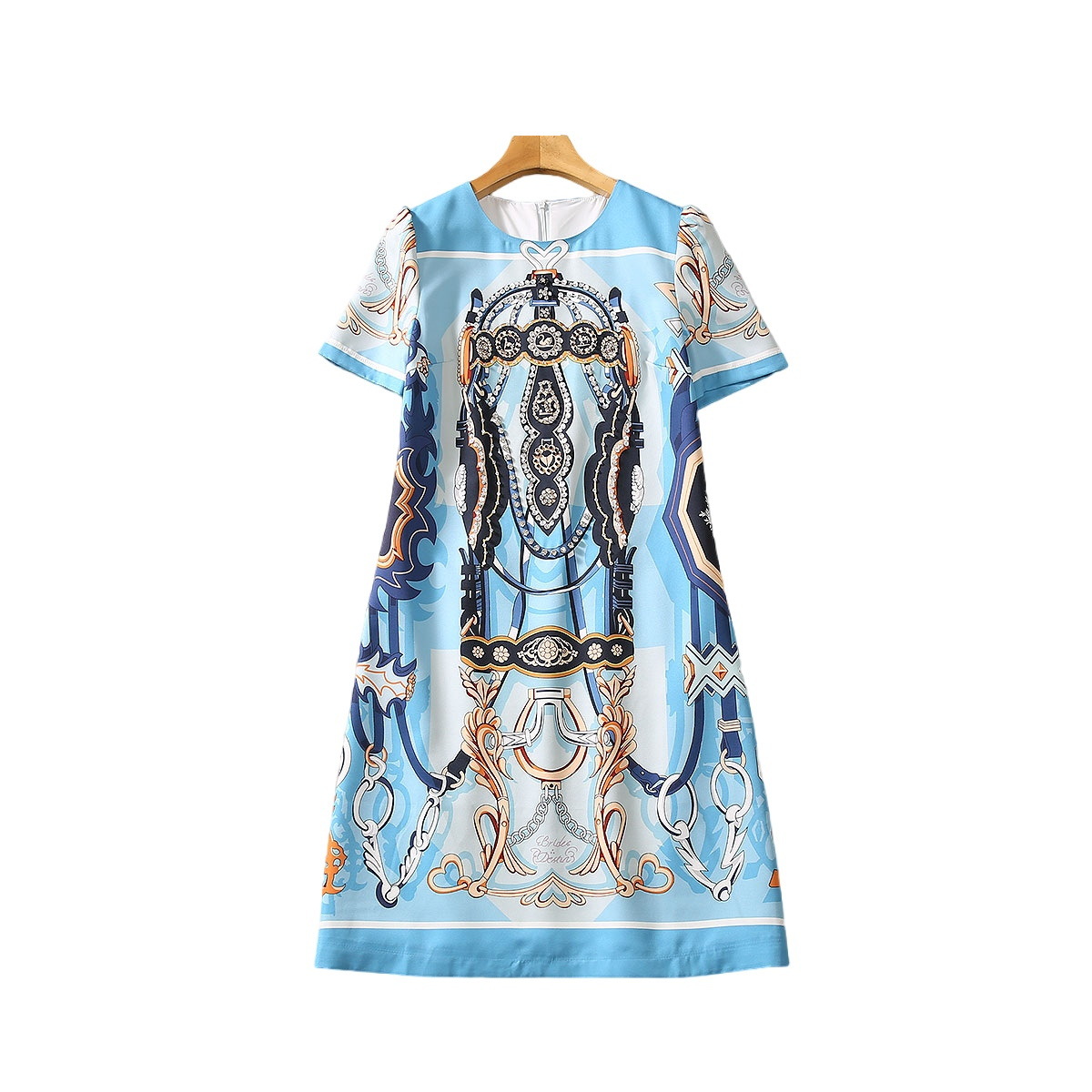 2023 Summer Blue Paisley Print Beaded Cotton Dress Short Sleeve Round Neck Sequins Knee-Length Casual Dresses S3Q160713