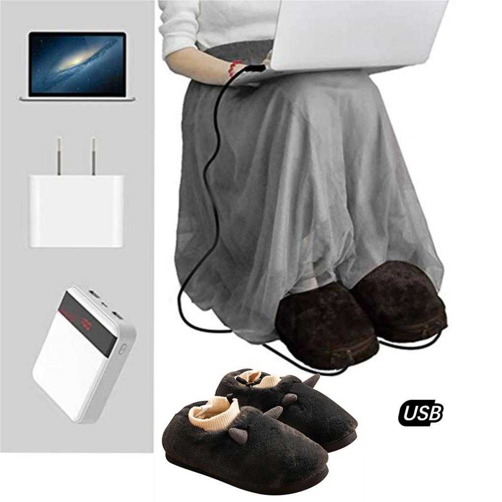 Chinelos de pelúcia aquecidos por USB aquecimento ajustável destacável antiderrapante capa de sapato de inverno removível aquecedor de pés Home Office L230704