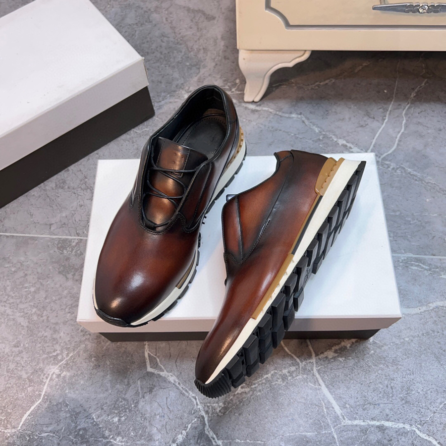 Berluti Designer Leather Sports Shoes العلامة التجارية منخفضة أعلى الأحذية الرياضية للتنفس الأحذية الخارجية في الهواء الطلق حجم 46 حجم 47 جودة عالية