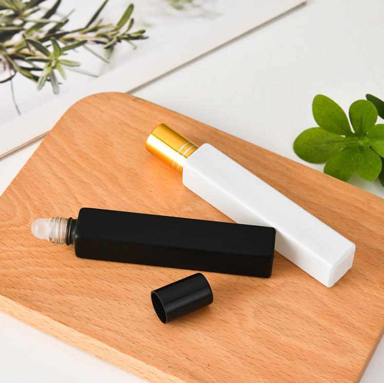 Empty Square Glass Roll On Bottles 10ml  Oil Perfume Bottle with Matte Black/White Color Stainless Steel Roller Ball SN4420