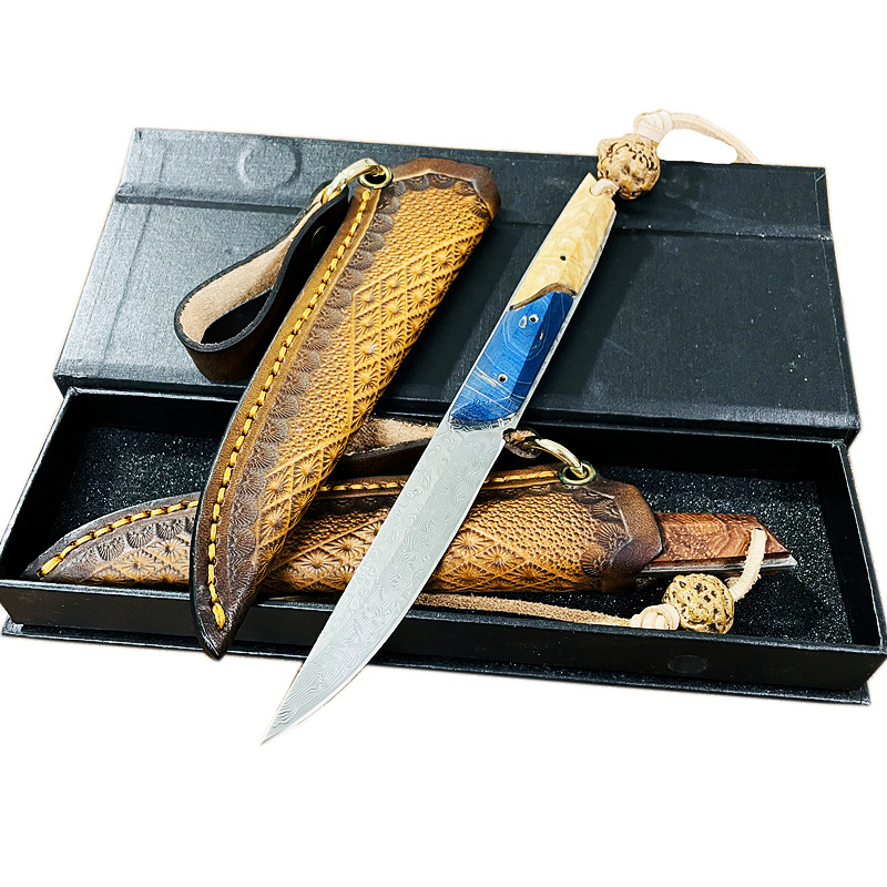 Promotion C7152 High End Fixed Blade Knife VG10 Damascus Steel Blade Full Tang Cured Wood Handle Outdoor Camping Hiking Survival Straight Knives with Leather Sheath