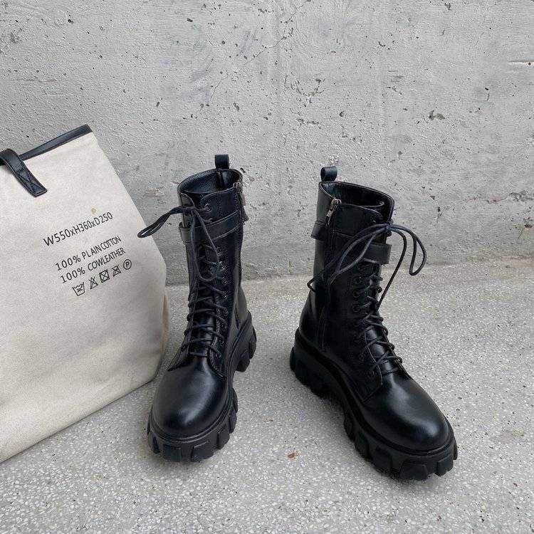 Autumn Boots Women Fashion Black Leather Platform Gothic Boots Punk Combat Mid-Calf Boots For Women Botas de Mujer 2021 L230704