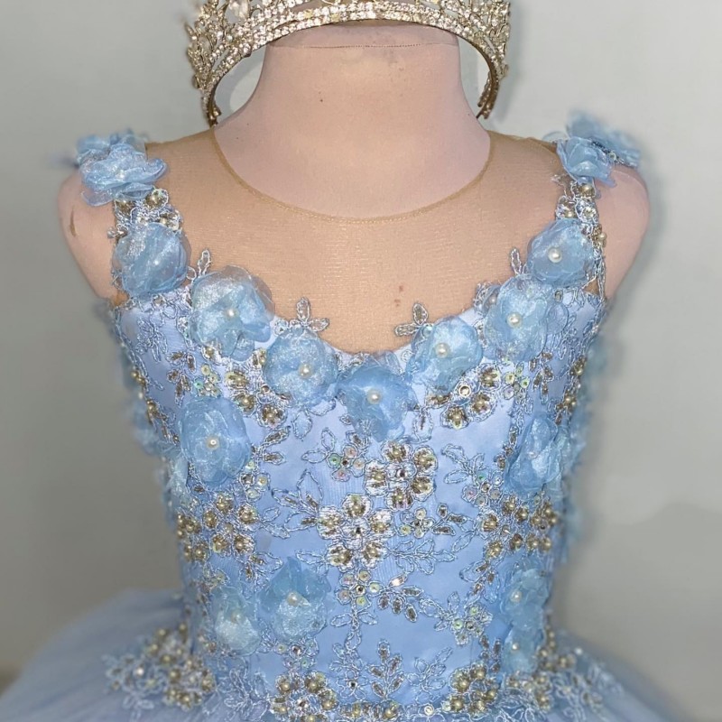 Sky Blue O-Neck Flower Girls Dress for Wedding 2024 Applicies spets kristallbollklänningar barnklänning Första nattvardsfotografering