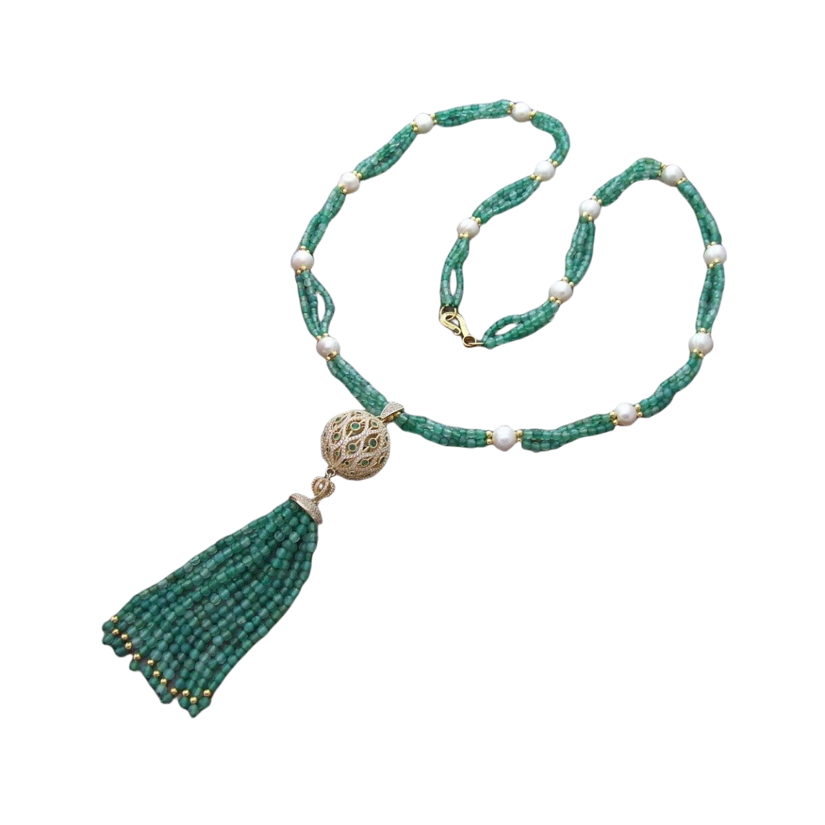 Encantador collar de perlas de agua dulce de 3 hebras de jade verde, accesorios de circón con micro incrustaciones, colgante de borla de jade largo de 84 cm