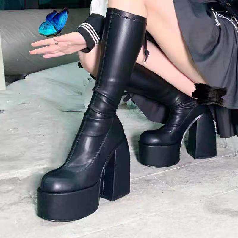 Hiver grosse plate-forme bottes hautes chaussures de fête dames talons épais élastique Micro bottes hautes femmes Style Punk botas mujer L230704