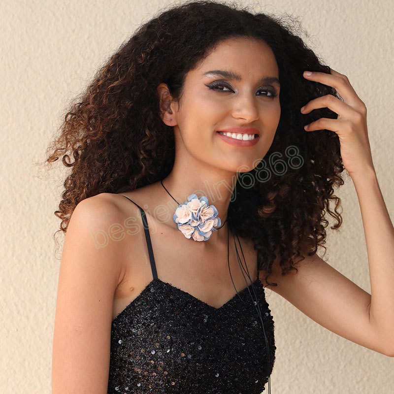 Nouveau grand tissu dentelle fleur collier ras du cou pour les femmes à la mode élégant longues chaînes de corde à lacets sur le cou collier bijoux de mode