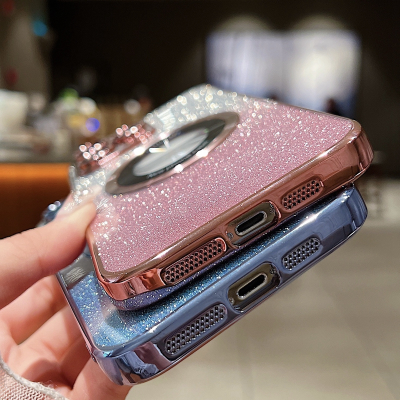 İPhone 15 için kablosuz şarj metalik kılıfları 14 Pro Max Plus 13 12 11 Bling Lüks Gradyan Pırıltılı Manyetik Kaplama Yumuşak TPU Krom CD Lens Koruyucu Jel Kapağı