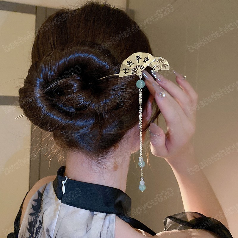 New Chinese Style Fan Hair Sticks for Women Luxury Fashion Glass Chain Tassel Hairwear Temperament Hair Accessories