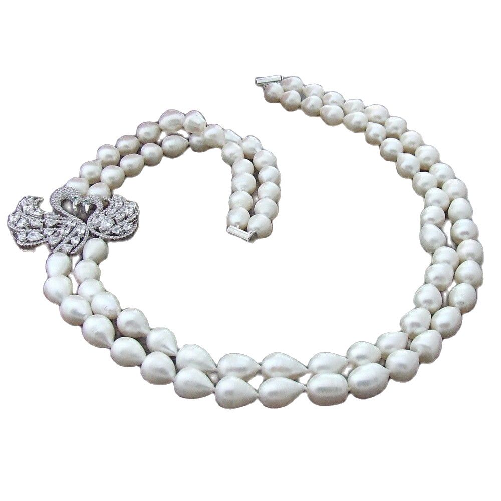 Collier de perles de riz d'eau douce blanc fait à la main micro incrustation zircon accessoires forme de cygne fermoir pull collier long 55-58 cm