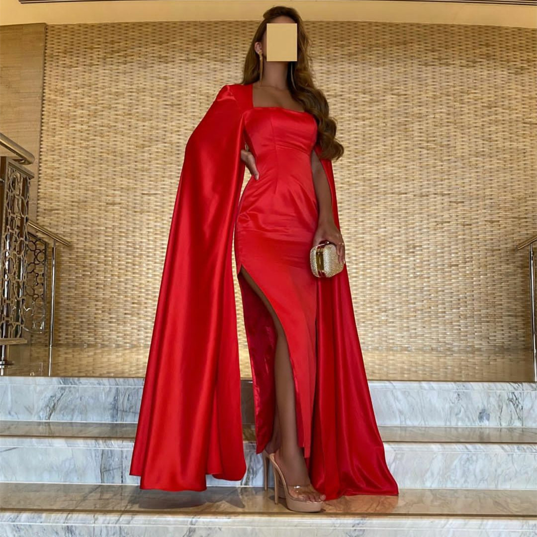 Elegancki długi czerwony kołnierz satynowy satynowe sukienki wieczorne z peleansą do kostki sukienki balowe z szczeliną Abendkleider szaty de soiree dla kobiet
