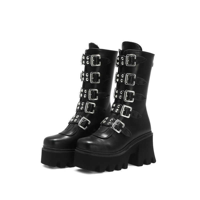 Punk gothique plate-forme bottes femmes fermeture éclair noir boucle sangle chaussures compensées mi-mollet militaire Combat hiver L230704