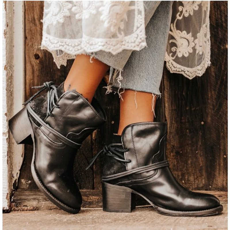 Winter Women Biker Ankle Boots PU Leather Wipe Color High Heel Lace Up Rubber Round Toe Black Platform Ladies Shoes Botas Mujer L230704