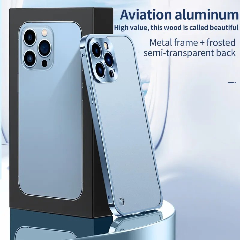 Luxuriöse Designer-Metallrahmen-Linsenschutzkappe, Aluminium-Handyhülle für iPhone 15, 11, 14, 13, 12 Pro Max plus 14Pro Mini, 13 Mini, 12 Mini, matte, durchscheinende Abdeckung