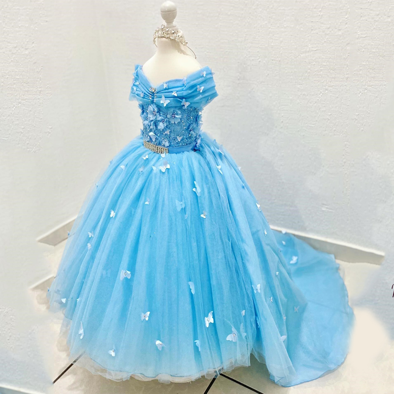 Luxury Sky Blue Shiny Flower Girls Dress For Wedding Bow Appliques Crystal Ball Gowns Cute Child Dress vestidos para ninas