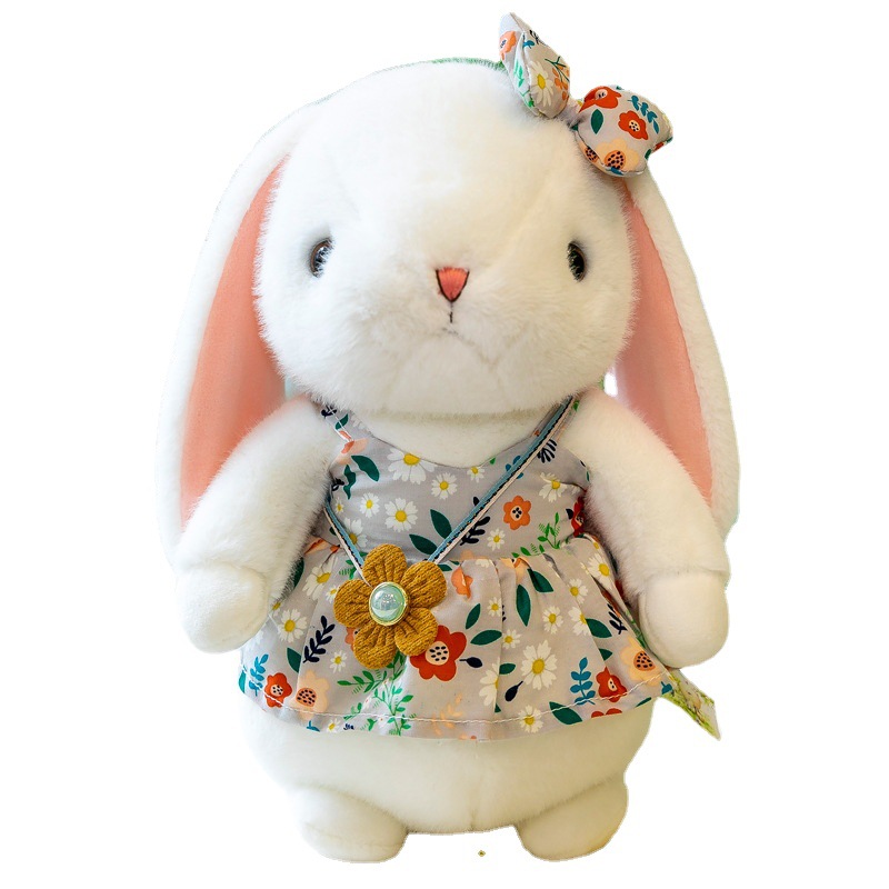 Coelhinho branco fofo Brinquedo de pelúcia saia floral boneca de coelho máquina de agarrar presente de aniversário de menina