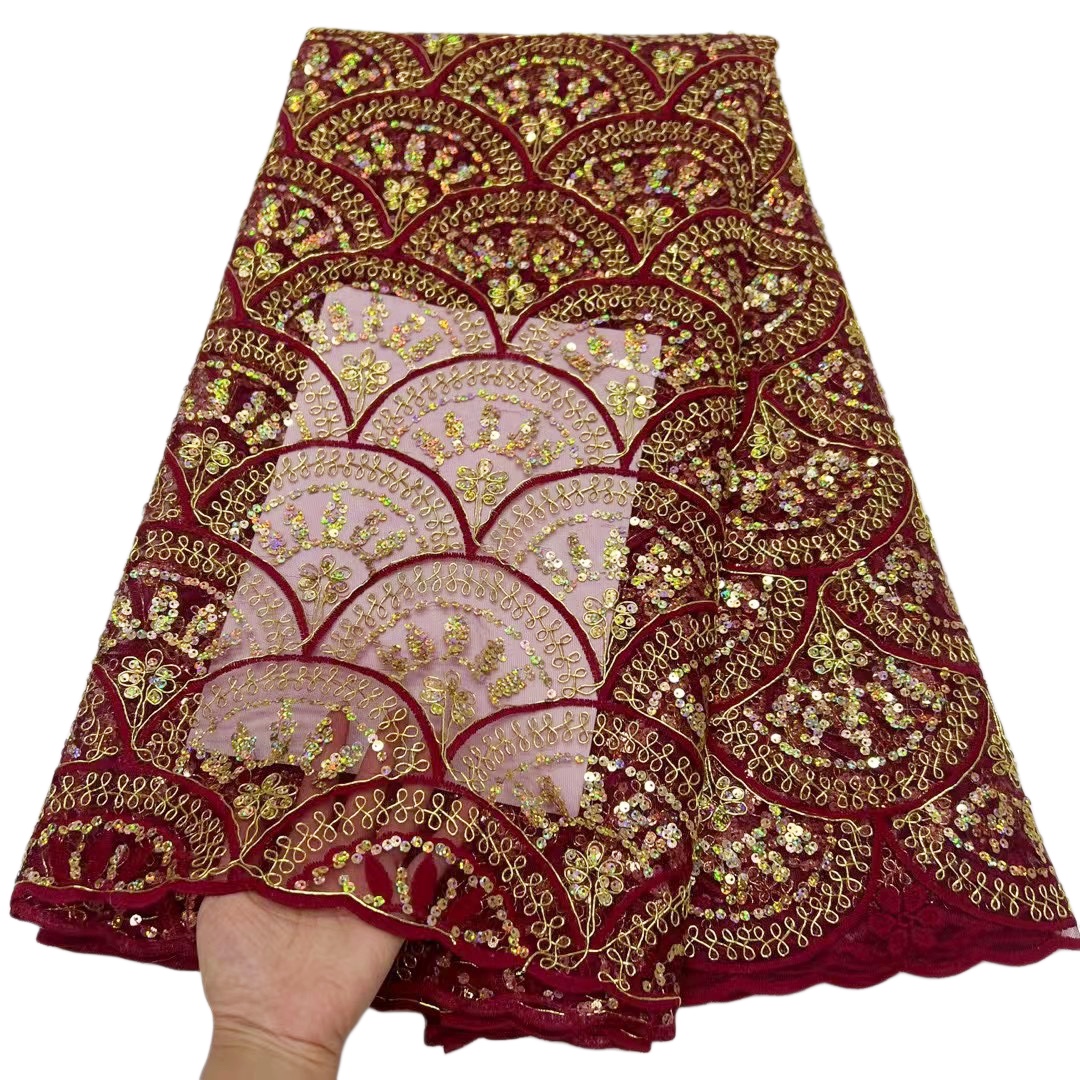 YQ-6048 Net tissu Tulle Paillettes Dentelle Corde Broderie Tissu Français Girly Dîner Robe Féminine 2023 Nouveau 5 Yards Rouge Vin Rouge Shimmer Style de Réception Attrayant