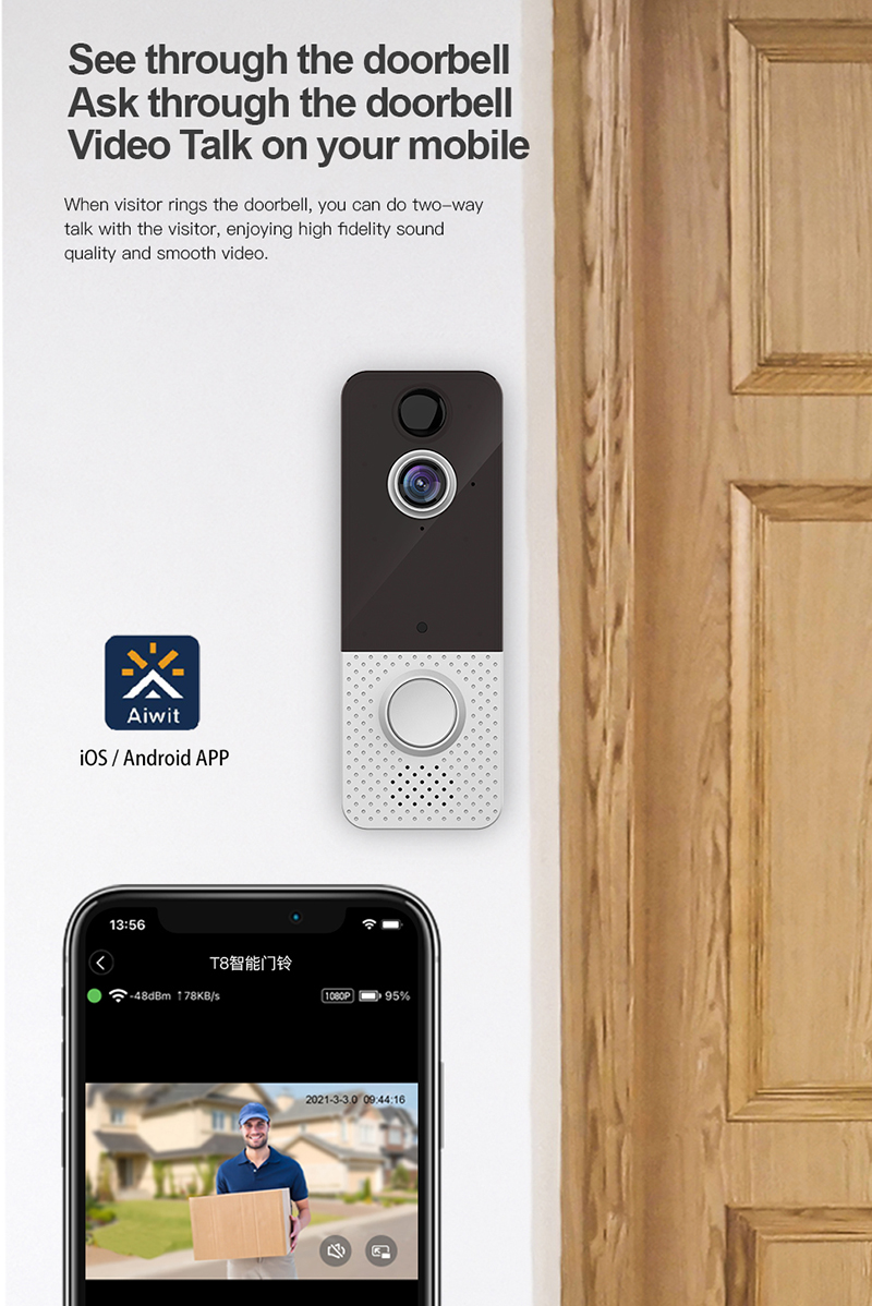 T8 Smart WiFi Video Doorbell Camera 140 graders vidvinkel 1080p Dörrklockkameror Ring Doorbell Wireless Security Intercom med Chime