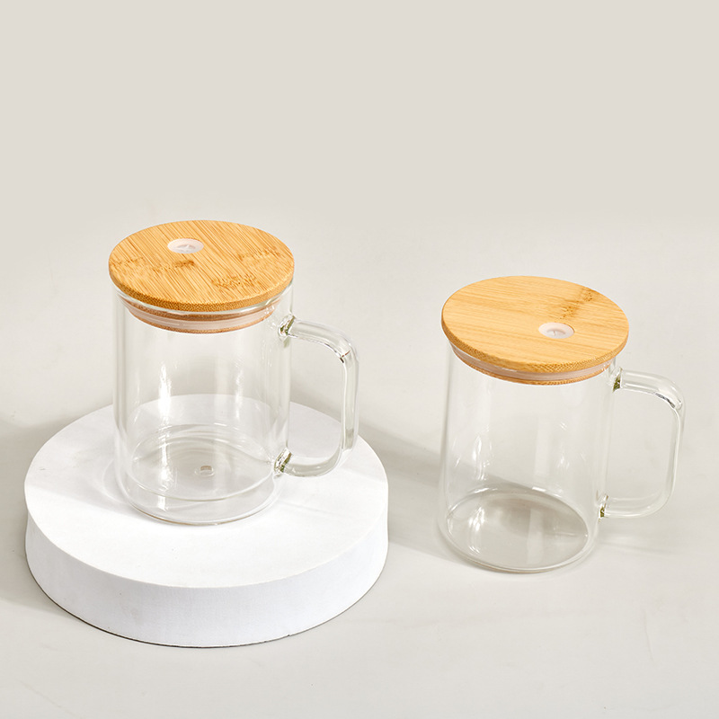 US Warehouse Sublimation 17oz Glasbierkrug mit Bambusdeckeln Kaffeebecherflasche mit Griff und Strohhalm Sommertrinkgeschirr Saftbecher Z11