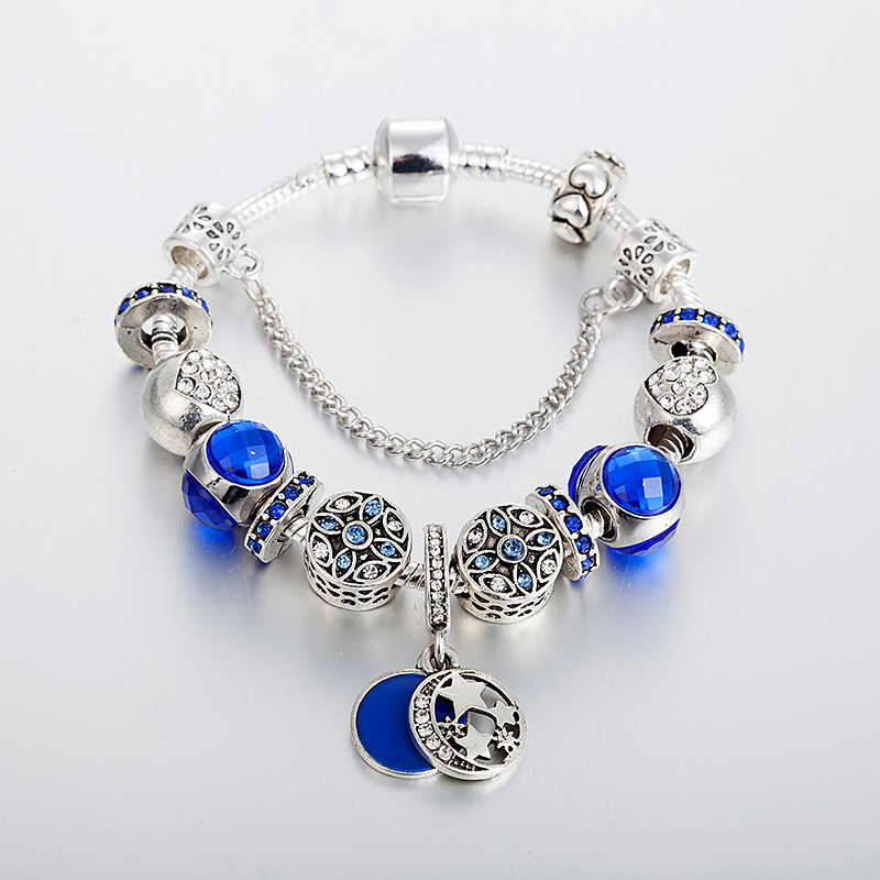 Mond- und Sternanhänger Blaues Charmearmband Set für Pandorade 925 Silberschugelkette Charms Armbänder für Frauen Designer Schmuck Luxusarmband mit O.