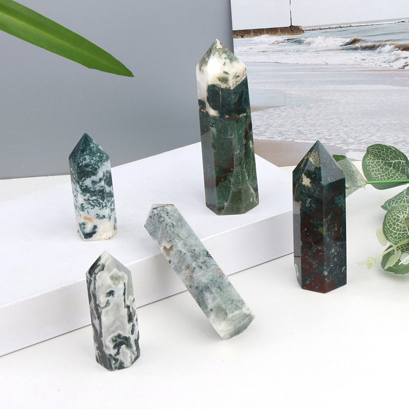 1 st Natuurlijke Kristal Punt Moss Agaat Healing Healing Reiki Gepolijst Quartz Wand Toren Chakra Stenen voor Woondecoratie Gift