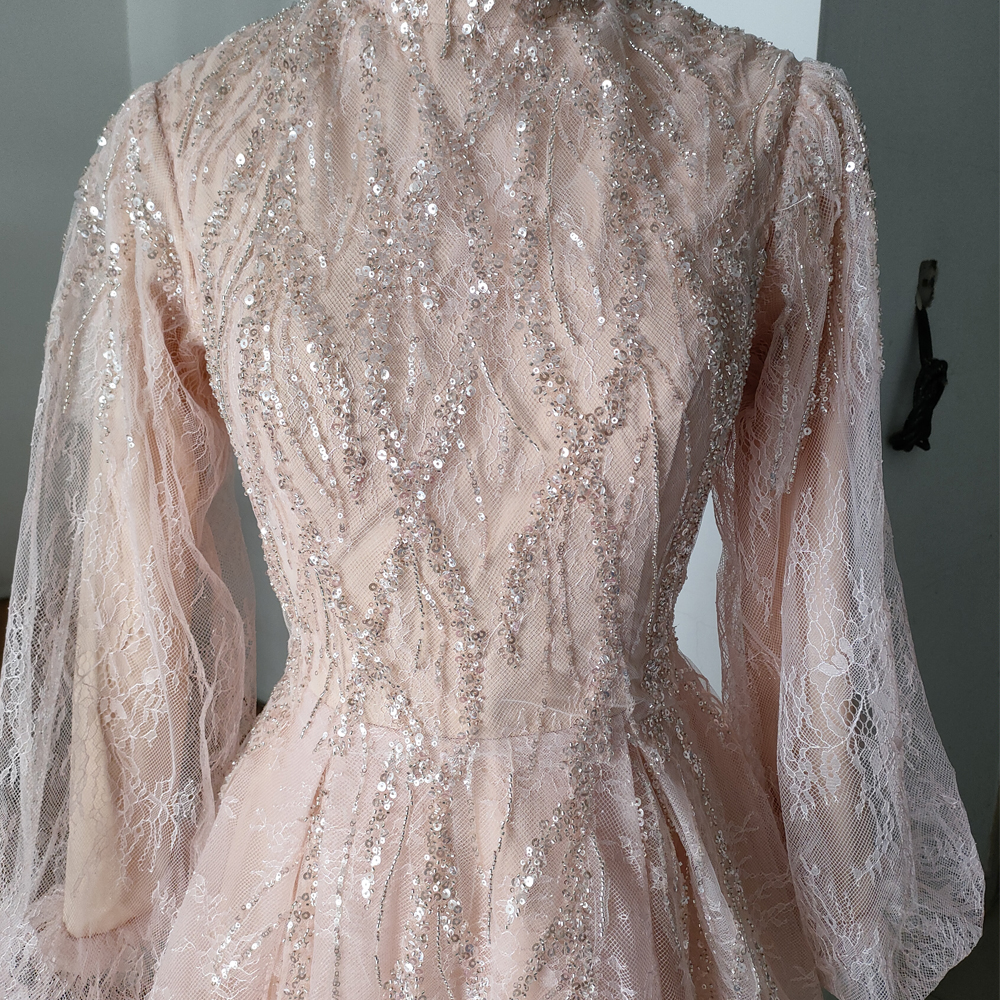 Vintage Lace Asymmetrical Prom Dresses Beaded Sequin Puffy Sleeve Arabic Dubai Evening Dress Ruffles Skirt vestido De noche