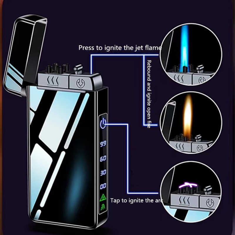 2023 New Windproof Metal USB Lighter Torch Jet Dual Plasma Arc No Gas Electric Butane Chargeable Pipe Cigar NSCB