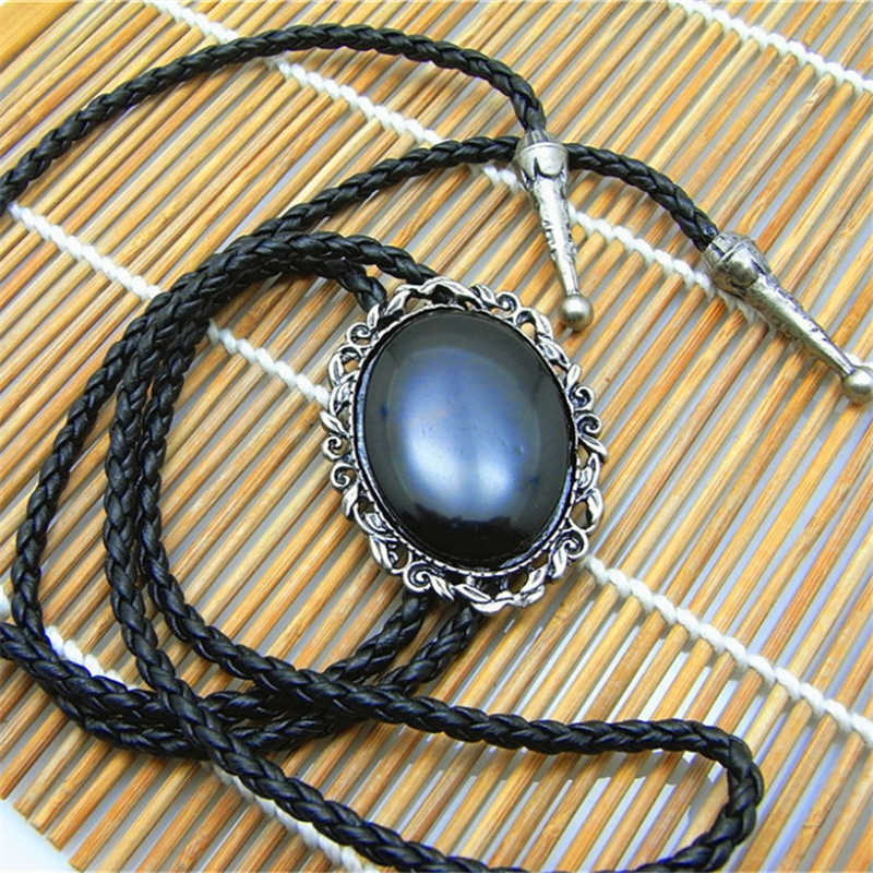 Bolo Ties Bolo Tie Retro Shirt Chain Imitation of Obsidian Poirot Tie Rope Leather Necklace Long Tie Hang HKD230719