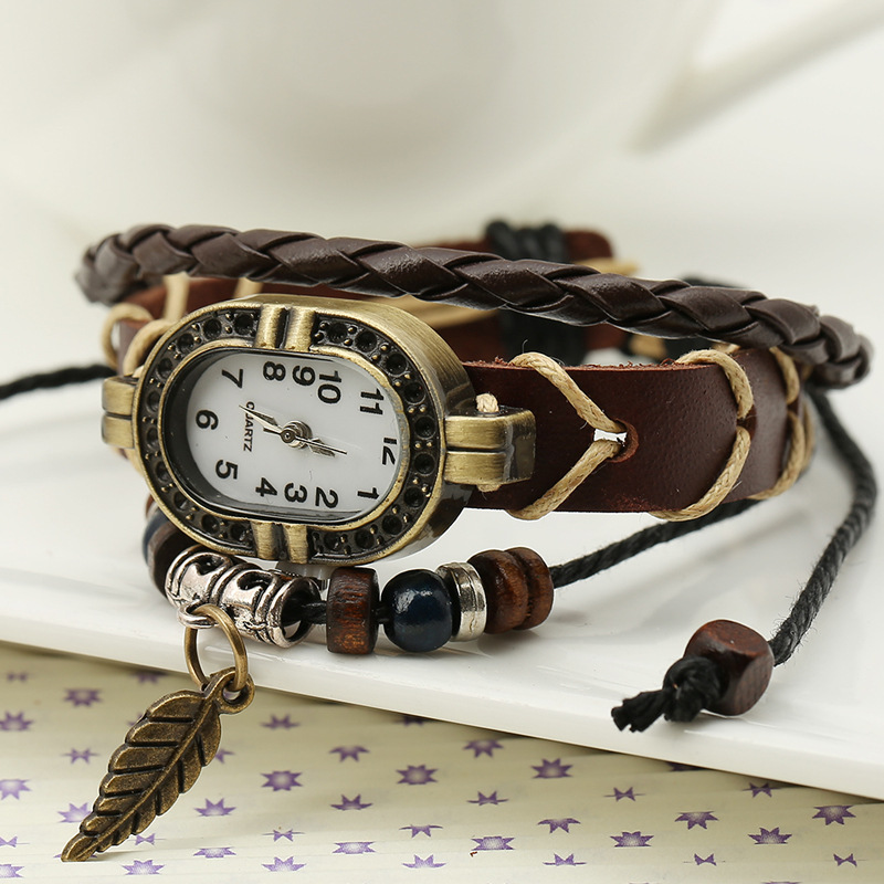 Ethnique Tribal Vintage en cuir véritable montre à Quartz à la main multi-couche Bracelet Bracelet montres pour femmes Couple réglable