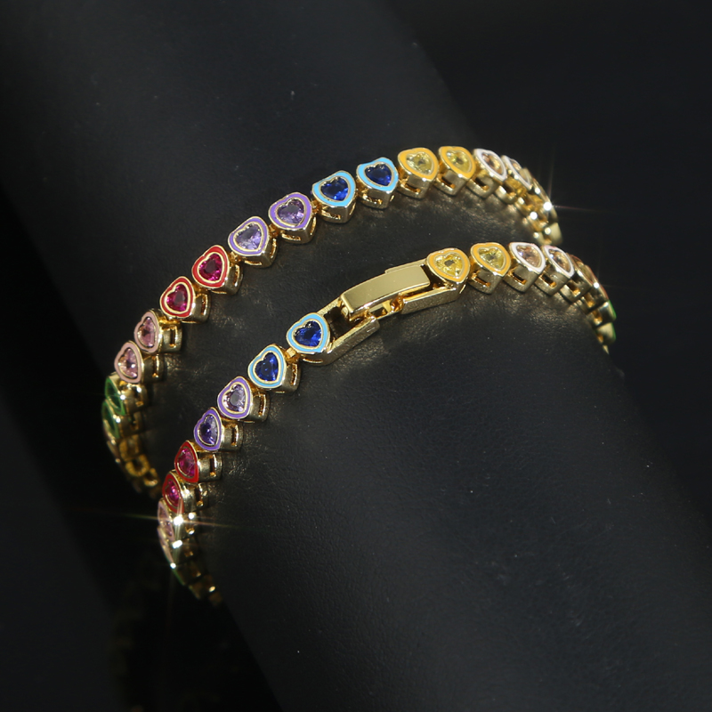 rainbow colorful mini love hearts zircon Bracelet Women Men hip hop Iced Out Bling Cubic Zirconia Couple Jewelry Gift